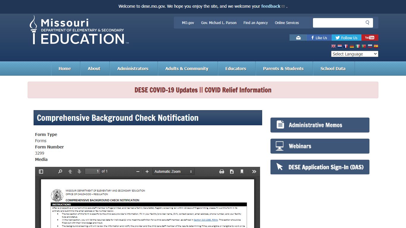 Comprehensive Background Check Notification | Missouri Department of ...